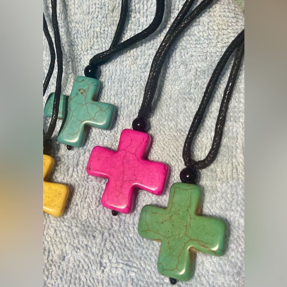☮️Pick 2 colored howlite stone cross on black adjustable cord necklace w bead…